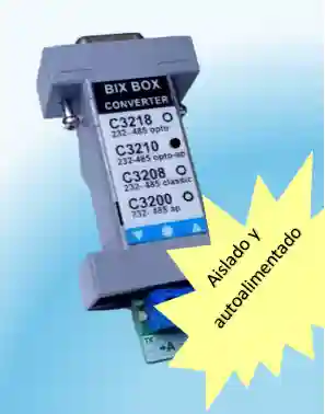 C3210 conversor RS232-RS485, aislado y autoalimentado. Pequeño, robusto. Uso industrial, oficinas, laboratorios. Instalación simple y limpia.